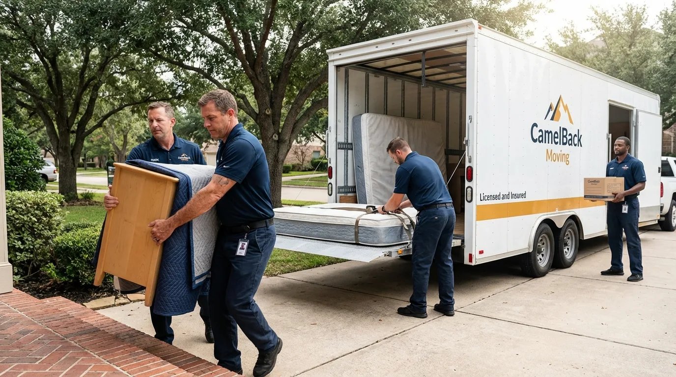 Crew loading residential truck for cross-state move from Lockney, TX