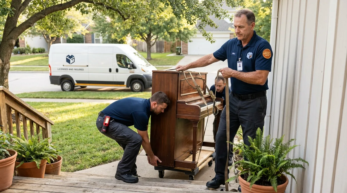 Licensed piano movers securing grand piano in Lockney, TX